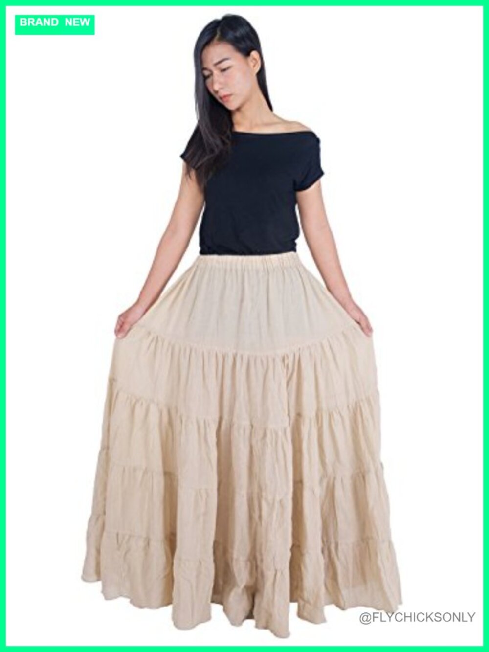 Cotton Long Ruffle Maxi Skirt Full Circle Bohemian Elastic Waist